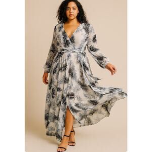 Arc & CO maxi dress faux wrap top waist tie long sleeve white palm leaf SZ M